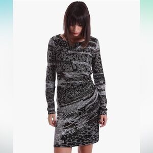 Desigual Long Sleeved Animal Print Crewneck Pencil Skirt Dress Knee Length